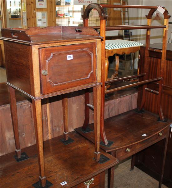 Mahogany tray-top bedside cupboard & Edwardian inlaid mahogany towel airer